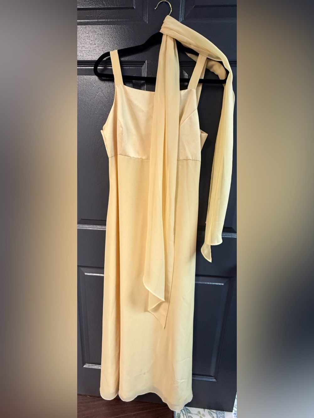 Papell Boutique Pale Yellow One-Shoulder Gown with Draped Scarf